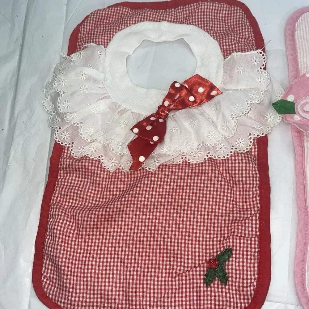 Vintage Mullins Square Kids Baby Bibs Lot 2 Pink Rose & Holly Christmas